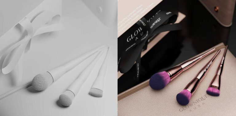 3d photography project showcasing makeup brushes with packaging and leather bag