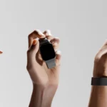 Hand modeling shots with smartwatch worn, held upright, and displayed in various poses
