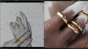 Split screen view showing a 3D hand model with rig controls on the left, and a highly detailed render of hands wearing gold rings on the right.