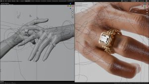 Split screen view showing two interacting rigged 3D hand models on the left, and a closeup render of a hand wearing a jewel-set gold ring on the right.
