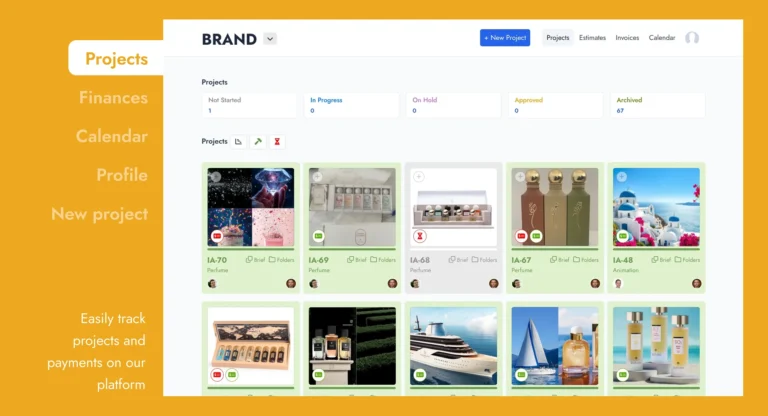 Dashboard interface of a remote client portal used for tracking product photography and CGI projects.