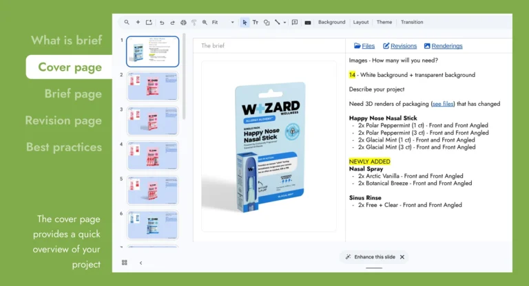 A digital slide deck used as a project brief, detailing the specific image requirements for a nasal stick product to control budget.
