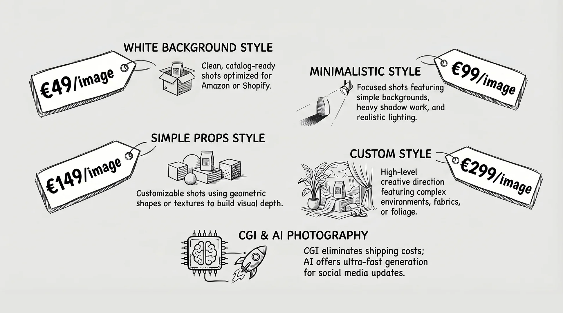 Product photography pricing by type