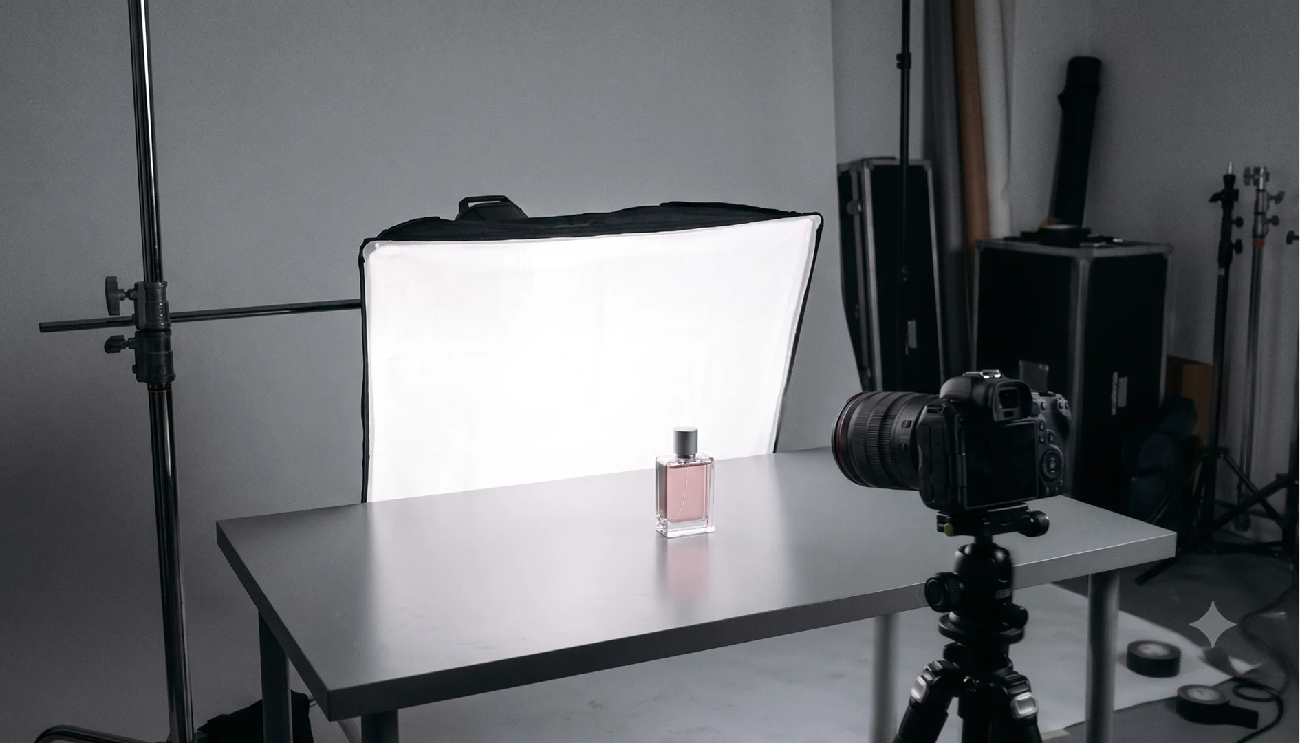 Studio photography setup demonstrating backlighting, with a large softbox positioned directly behind a glass perfume bottle.