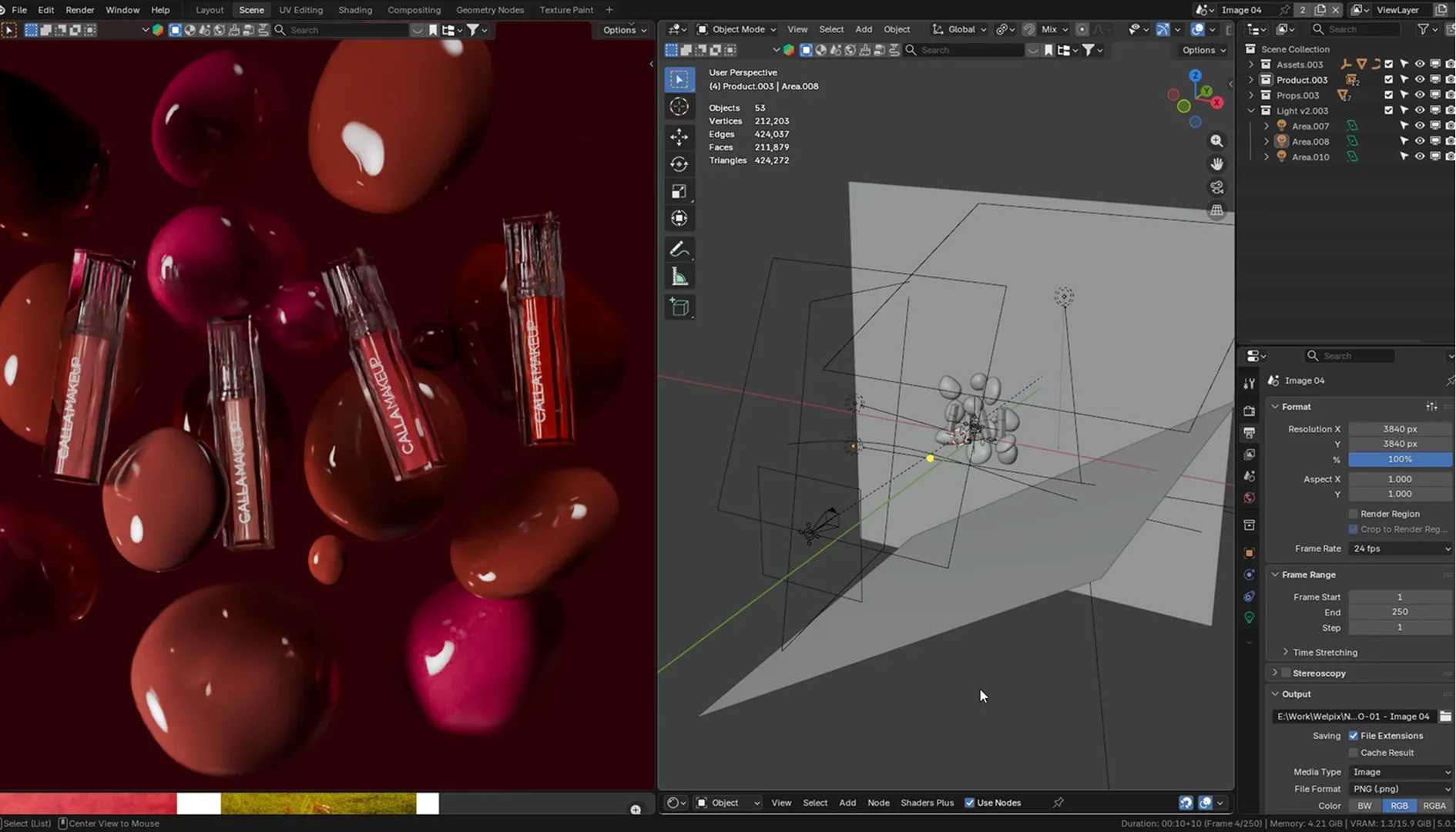 Blender 3D software interface showing a split screen of a cosmetic CGI render alongside its underlying wireframe and digital lighting setup.