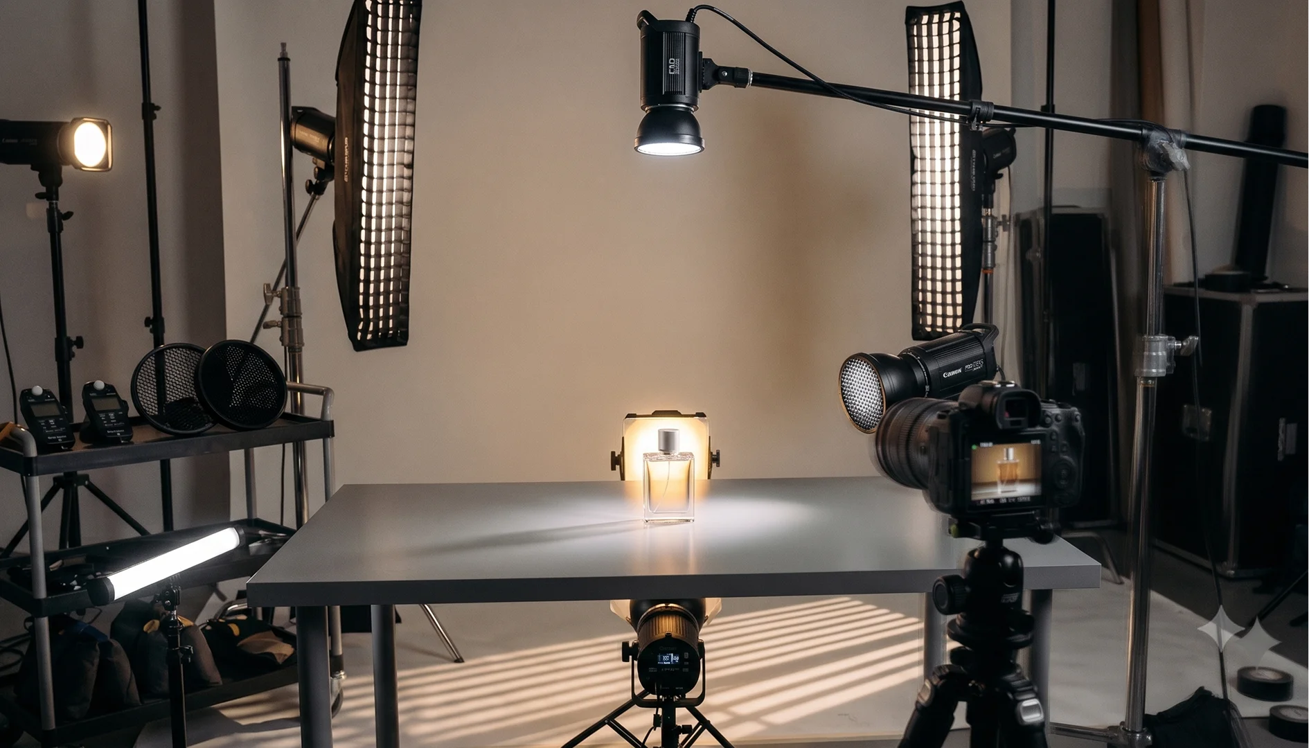 A comprehensive behind-the-scenes view of an advanced lighting setup designed to create edge and rim lighting. The setup features a perfume bottle illuminated by a dedicated background spot, overhead lighting, and two tall strip softboxes positioned at the rear flanks. This complex arrangement defines the silhouette of the bottle and adds a dramatic, high-end feel.