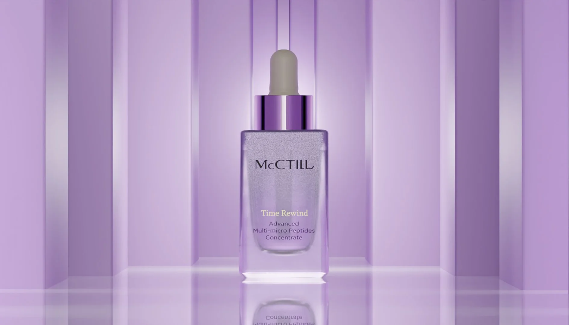 A purple peptide serum bottle centered inside a modern, recessed purple alcove with clean vertical pillar columns and a glossy reflective floor
