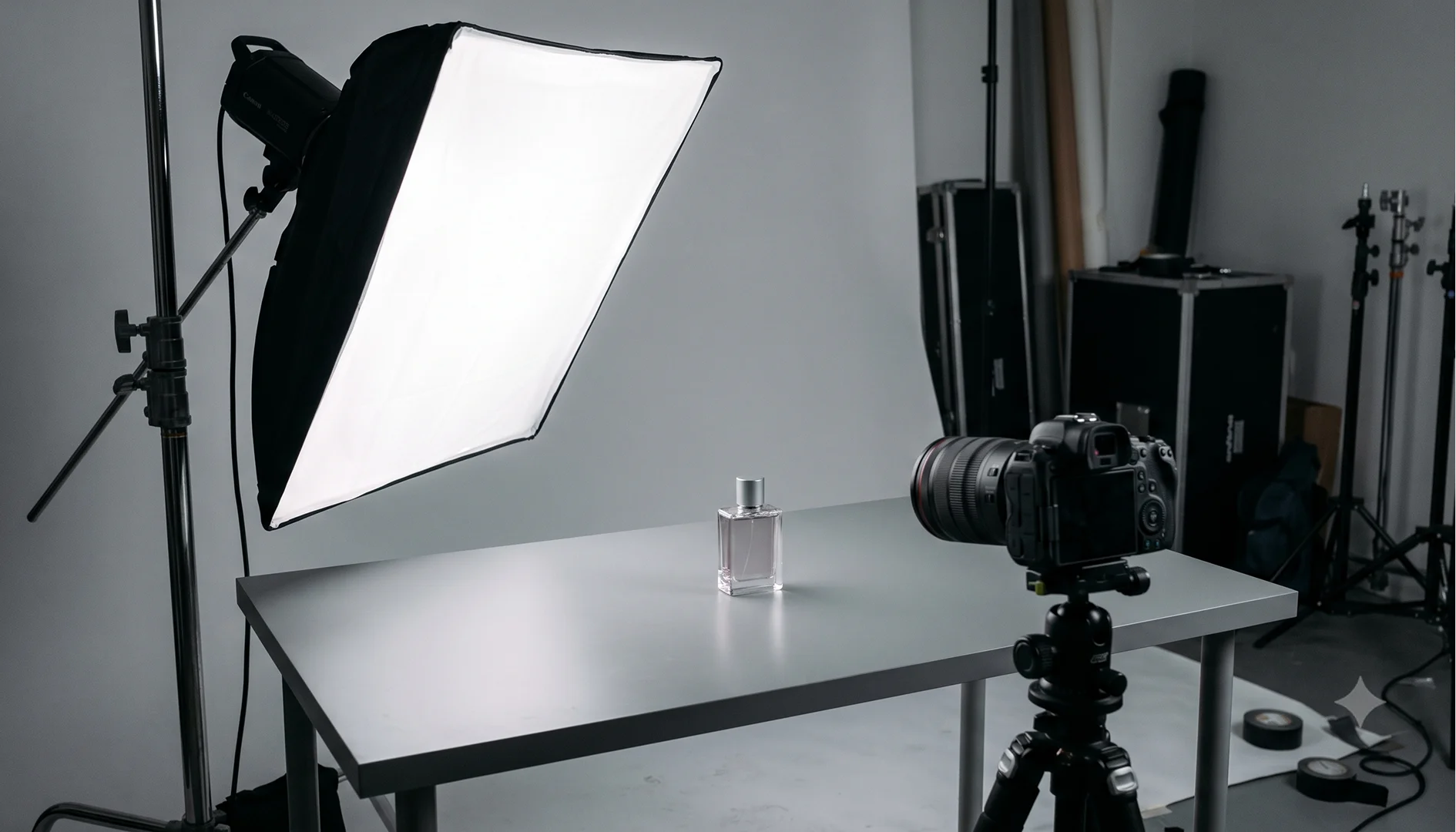 Behind-the-scenes photography studio setup showing a large softbox placed at a 45-degree angle to a perfume bottle.