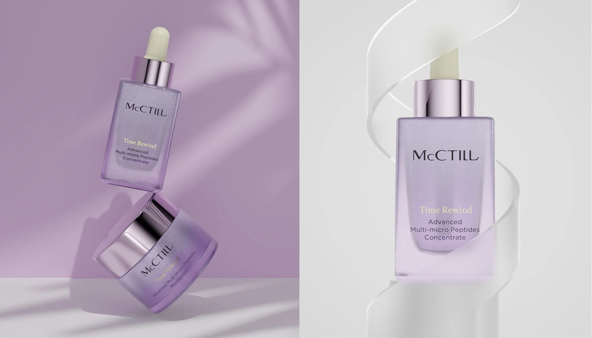 A side-by-side composite layout showing floating skincare items with shadows on the left, and a serum bottle wrapped in a clear spiral ribbon on the right