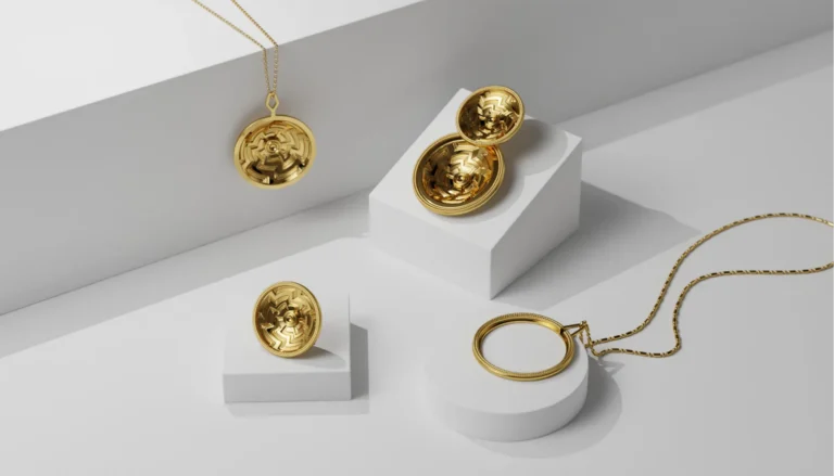 Intricate gold spiral earrings and pendants resting on white geometric pedestals to visually demonstrate product dimensions.