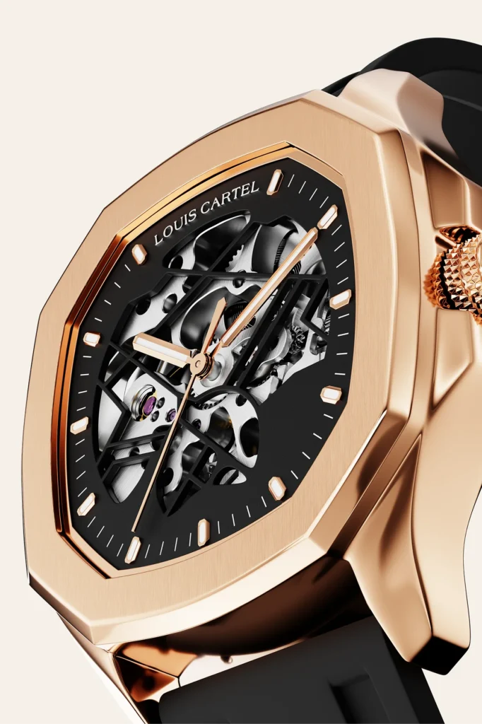 An angled macro shot highlighting the brushed rose gold octagonal bezel and open skeleton dial of a Louis Cartel luxury watch.