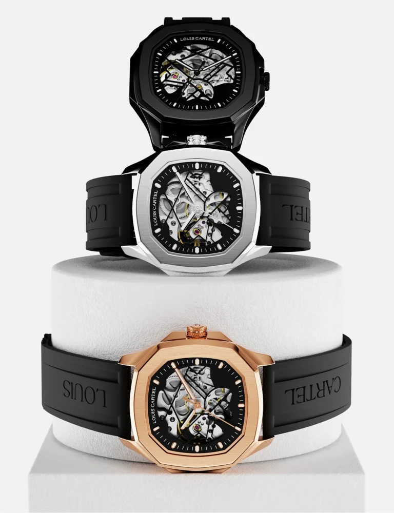 Three Louis Cartel skeleton watches in black, silver, and rose gold stacked vertically on a round white display pedestal.