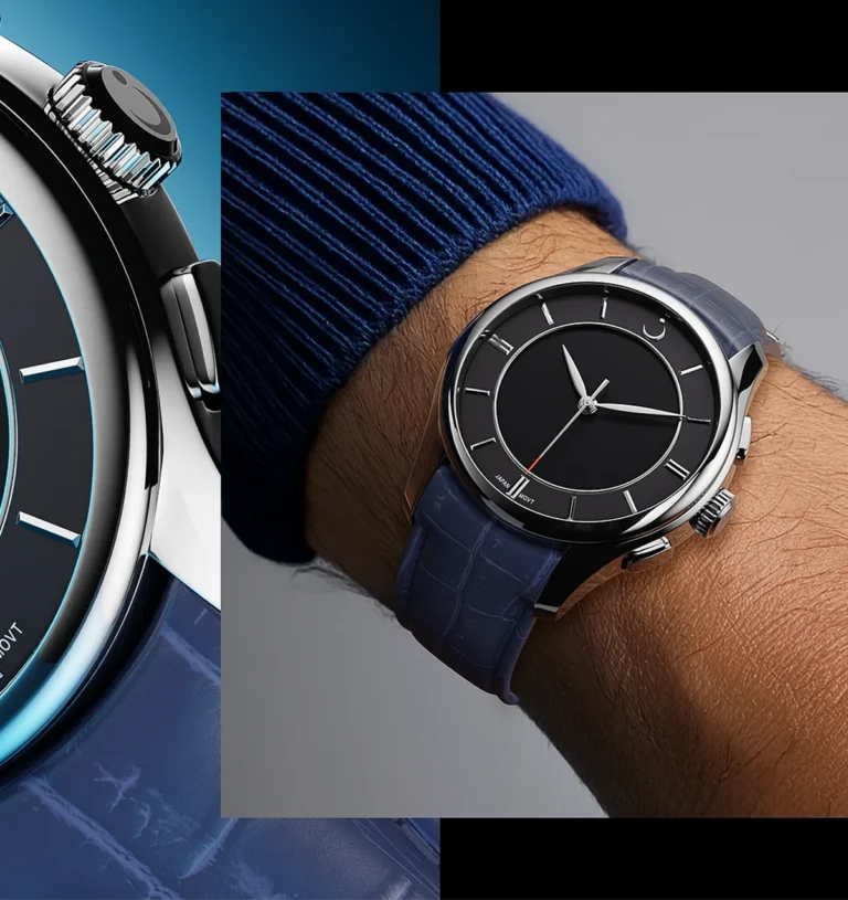 A split composition featuring a close-up blue bezel on the left and a man wearing a black dial watch with a blue leather strap on his wrist on the right.