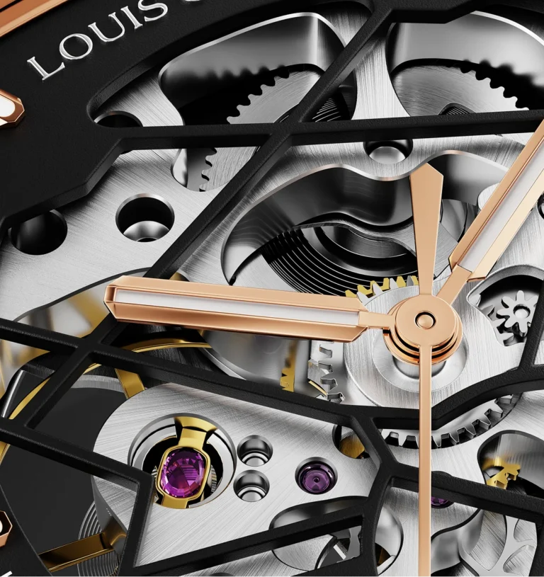An extreme macro photograph revealing the mechanical gears, purple jewels, and rose gold hands inside an open-work skeleton watch movement.