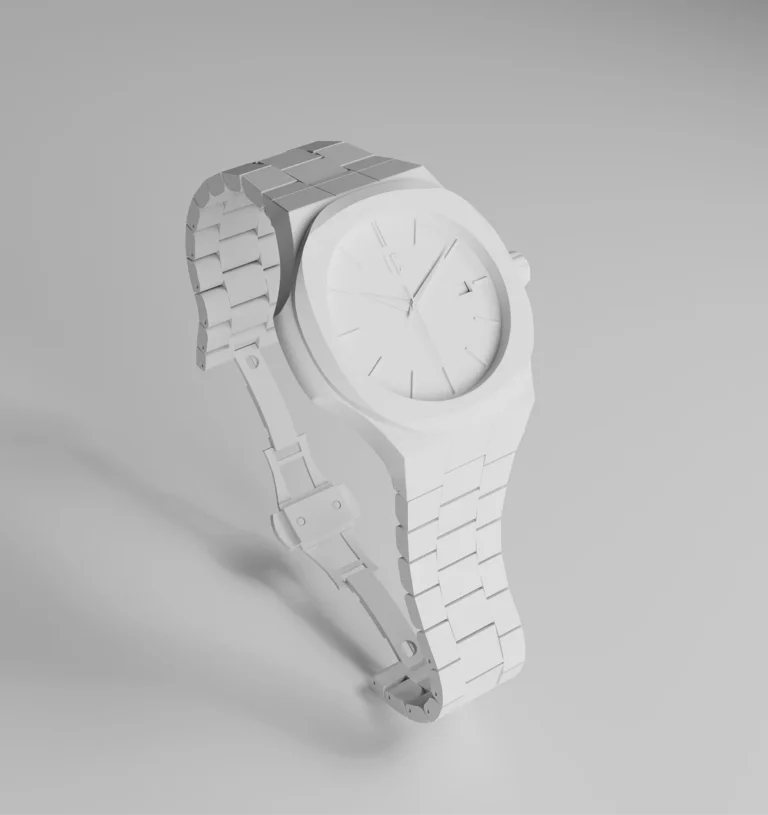 A untextured 3D clay model of an octagonal wrist watch with a metal link bracelet on a neutral gray studio background.