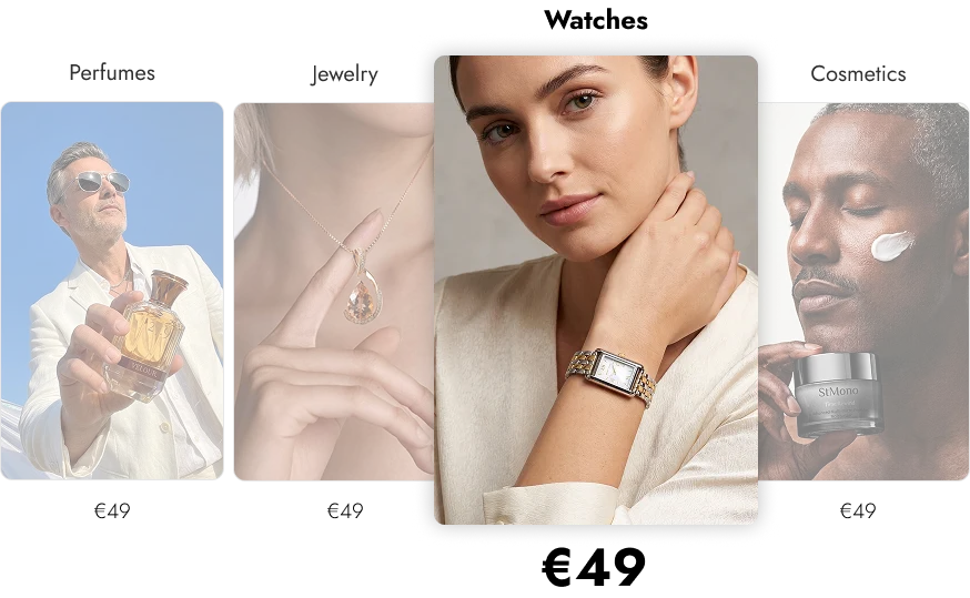 AI-generated product photography showcasing various lifestyle categories, including perfumes, jewelry, watches, and cosmetics.