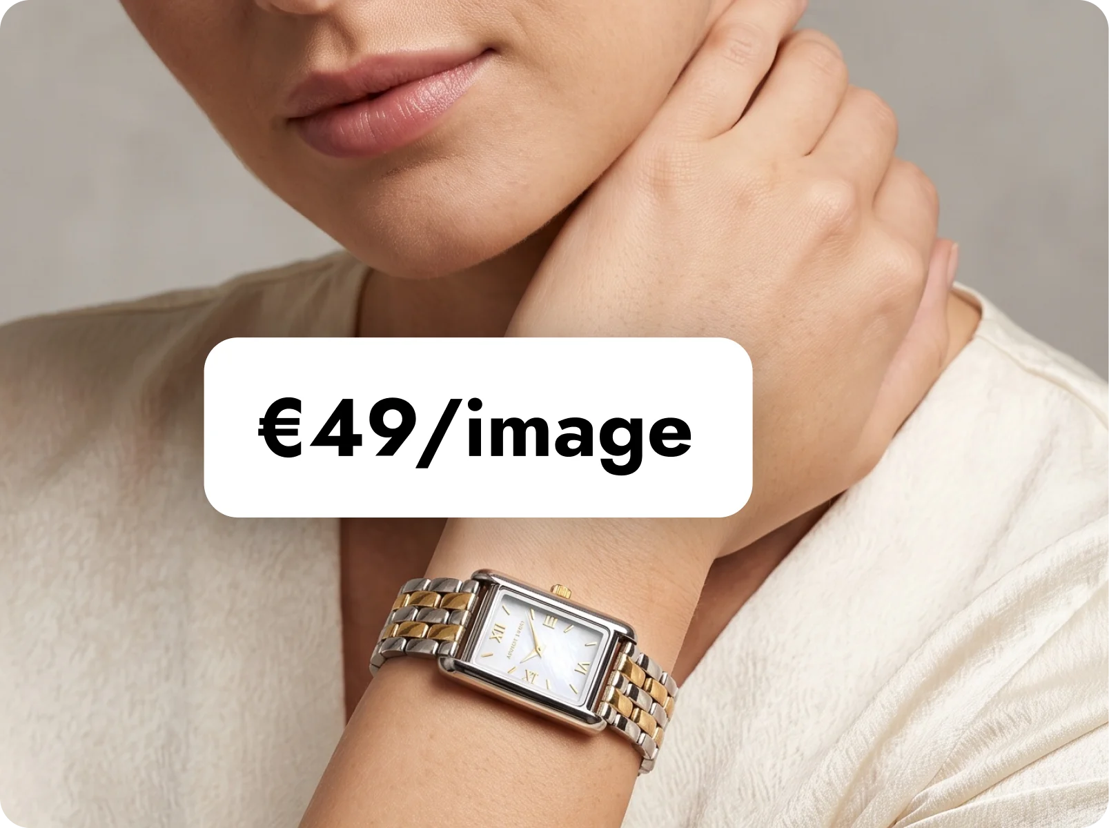 AI product photography featuring a wrist watch with €49 per image pricing